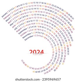 Swirl shape 2024 calendar design with blue, red and orange yellow colors, vector illustration. New minimal calendar design idea for your home or office, daily, weekly and monthly appearance. Isolated 