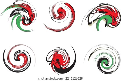 Swirl shapes in red-black-green tones isolated on white. Spiral splashes like a floral motifs for textiles, logos, emblems, labels, covers, web icons, tattoos, prints, fashion trends, fabrics, etc.