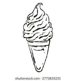 Swirl Soft Serve Ice Cream on Waffle Cone, Hand Drawn Ink Drawing, Vector Illustration