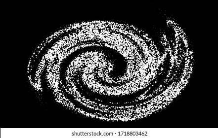 Swirl and spiral made of dots and particles. Graphic vector illustration of black hole in spacetime of helix galaxy.