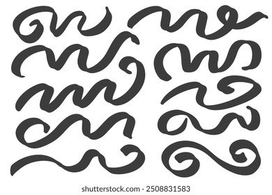 Swirl squiggles swoosh underline vector brush strokes. Hand drawn calligraphic swishes. Curve ink pen black elements. Wavy decorative graphic accent isolated on white background.