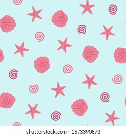 Swirl, starfish and seashell seamless pattern on blue background. Summer seamless pattern. Great for wallpaper, web background, wrapping paper, fabric, packaging, greeting cards, invitations and more.