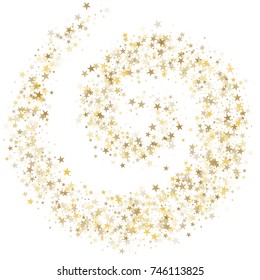 swirl stars, gold sparkles background, golden christmas lights confetti falling. magic shining Flying stars on night sky glitter cosmic backdrop, vector illustration