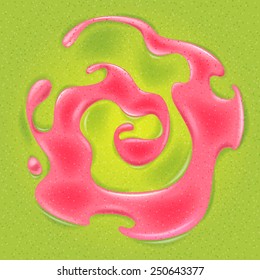 Swirl of strawberry red jam in green jelly. Sweet food background.