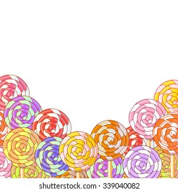 Swirl striped caramel lollipops background. Vector