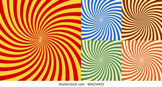 Swirl stripes illustration of five images of twist radial effect. Ina different colors such as red, green, yellow and white. Collection of geometric abstract background warp shapes