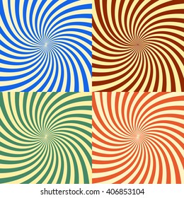 Swirl stripes illustration of five images of twist radial effect. Ina different colors such as red, green, yellow and white. Collection of geometric abstract background warp shapes Colors green red