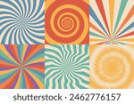 Swirl sunburst psychedelic retro abstract backgrounds 70s style set. Vintage spiral distorted ray patterns.