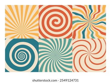 Swirl sunburst psychedelic retro abstract backgrounds 70s style set. Vintage spiral distorted ray patterns.