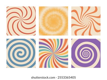 Swirl sunburst psychedelic retro abstract backgrounds 70s style set. Vintage spiral distorted ray patterns.