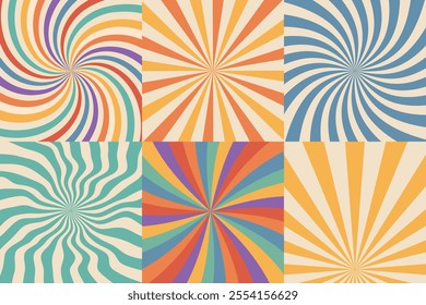 Swirl sunburst psychedelic retro abstract backgrounds 70s style set. Vintage spiral distorted ray patterns.