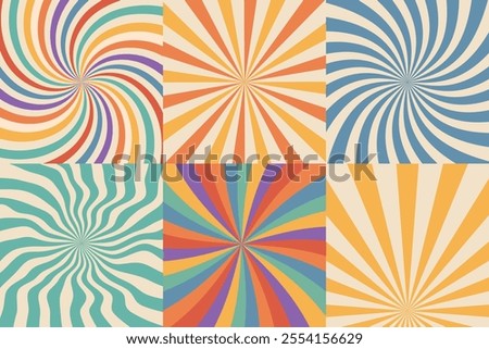 Swirl sunburst psychedelic retro abstract backgrounds 70s style set. Vintage spiral distorted ray patterns.