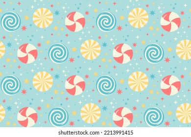 Swirl sweet candies and stars seamless pattern in pastel colors.