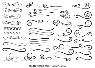 Swirl, Swoosh Flourish sign. Swishes, swashes, swoops design element. Hand drawn decorative curly text dividers.