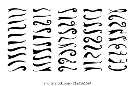 Swirl Swoosh. Underline Swash And Black Dividers. Curve Calligraphic Strokes. Silhouette Abstract Borders. Brushstroke Squiggles. Arrows And Flourish. Vector Graphic Wave Tails Set