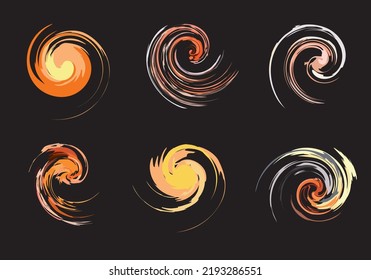 Swirl symbols in orange tonality on a black background. Spiral shapes for business concepts, decorative autumn compositions, fashion trends, logos, prints, fabric, embroidery, web icons, etc.