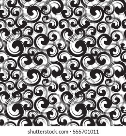 Swirl symbols seamless pattern. Different sizes black spirals randomly placed over white. Wrapping texture with abstract curls. Vector eps8 illustration.