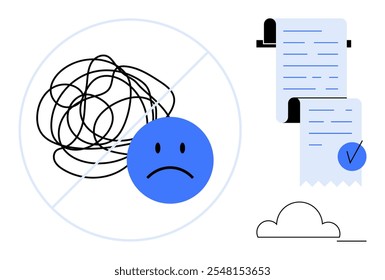 Swirl of tangled lines with a sad face, contrasted by a neat list with a check mark. Ideal for mental clarity, organization, productivity, planning, overcoming confusion