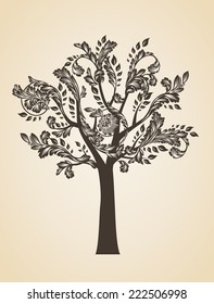 Swirl tree art concept. Brown logo. Engraving Logotype