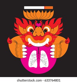 Swirl Tribal Devil ( Monster, Giant ), Human Lung, Heart and Tobacco (Cigarette), concept : No Smoking Day, Tobacco Effects Human Health. Southeast Asia art style