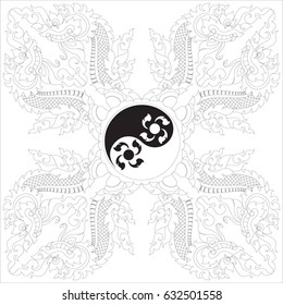 swirl tribal Naga head (Dragon head) with Yin Yang symbol, Southeast Asia art style