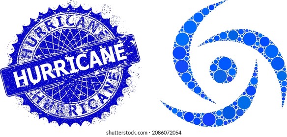 Swirl vector composition of round dots in variable sizes and blue color tints, and scratched Hurricane stamp seal. Blue round sharp rosette stamp seal contains Hurricane text inside it.