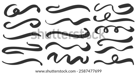 Swirl vector lines. Swashes and flourish underlines. Hand drawn calligraphic elegant swooshes. Curve vintage brush strokes. Squiggle scrolling elements. Simple doodle wavy shapes