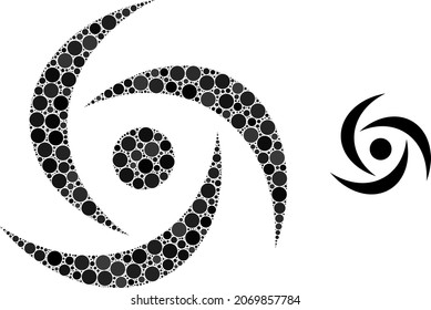 Swirl vector mosaic of circle dots in various sizes and color hues. Circle dots are grouped into swirl vector illustration. Abstract vector design concept.