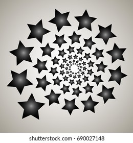 Swirl, vortex background. Rotating spiral. Pattern of a whirling of hearts. Icon, stars, star, outline, black, white.