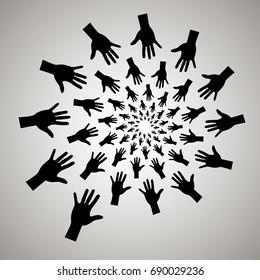 Swirl, vortex background. Rotating spiral. Hands, share, sales, desire, grab, man, people, fingers, palm.