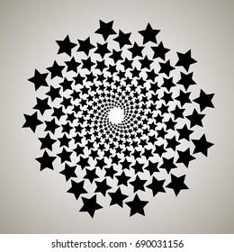 Swirl, vortex background. Rotating spiral. Pattern of a whirling of hearts. Icon, stars, star, outline, black, white.