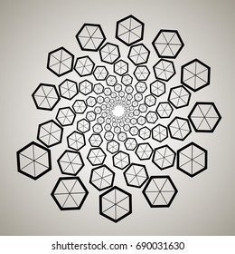 Swirl, vortex background. Rotating spiral. Pattern of a whirling of hearts. Icon, hexahedron, round dance, honeycomb, bees, geometric, contour