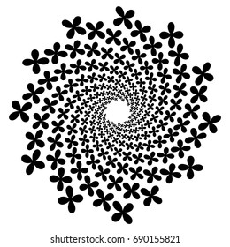 Swirl, vortex background. Rotating spiral. Pattern of a whirling of hearts. Icon, flower, petals, outline, black, white