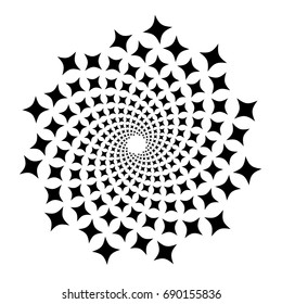 Swirl, vortex background. Rotating spiral. Pattern of a whirling of hearts. Icon, stars, star, outline, black, white.