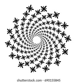 Swirl, vortex background. Rotating spiral. Pattern of a whirling of hearts. Icon, flower, petals, outline, black, white