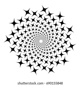 Swirl, vortex background. Rotating spiral. Pattern of a whirling of hearts. Icon, stars, star, outline, black, white.