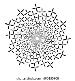 Swirl, vortex background. Rotating spiral. Pattern of a whirling of hearts. Icon, flower, petals, outline, black, white