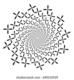 Swirl, vortex background. Rotating spiral. Pattern of a whirling of hearts. Icon, flower, petals, outline, black, white