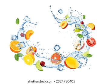 Swirl water flow wave splash with fruits. Realistic 3d vector liquid flow with fresh mango, grapefruit, orange and peach. Apple, grapes, lime, mint leaves and ice cubes. Refreshing summer fruity mix