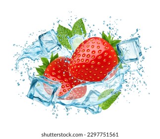 Swirl water splash with strawberry, mint and ice cubes. Realistic 3d vector fresh juicy berry with liquid transparent whirl and drop splatters. Isolated vitamin fruity drink, juice or beverage ads