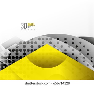 Swirl and wave 3d effect objects, abstract template vector design. Overlapping waves on white background