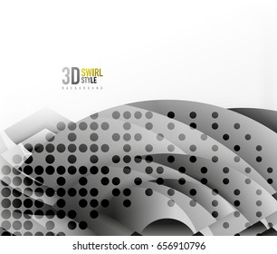 Swirl and wave 3d effect objects, abstract template vector design. Overlapping waves on white background