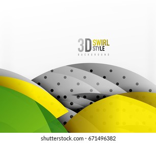 Swirl and wave 3d effect objects, abstract template vector design. Overlapping waves on white background