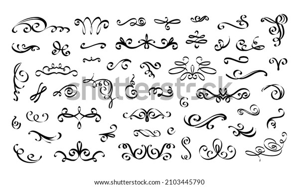 Swirl\
wedding ornament. Calligraphy flourish vintage outline elements.\
Typography border line. Black ink spiral and scroll drawing.\
Elegant curve dividers. Vector filigree graphic\
set