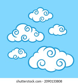 Swirl White Chinese Clouds Isolated on Blue Backdrop. Cute Illustration for Decorating Sky, Weather Forecast, Fabric Print. Sketch Template in Cartoon Outline Style. Kids cartoon style.