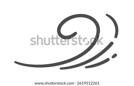Swirl wind with curved line and dynamic arc, cartoon doodle style. Breeze, gust, airflow, draft, current, zephyr, wind swirl, vortex symbol, air stroke, breeze icon. Vector illustration.