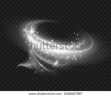 Swirl winter wind with glowing effect and snow particles. Vector cold breeze stream motion with snowflakes and bright luminous sparkles with realistic effect. Windy weather or storm symbol