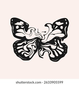 Swirled abstract liquid butterfly. Hand drawn black Vector illustration. Tattoo flash sketch, sticker, logo, icon, print, design template. Isolated element