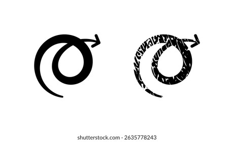 swirled arrow, black isolated silhouette