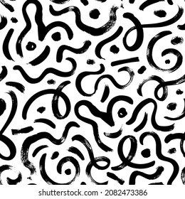 Swirled black lines and dots vector seamless pattern. Hand drawn wavy brush strokes. Black paint freehand scribbles. Abstract organic ink background. Brushstrokes, squiggles lines pattern. 